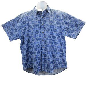 Chaps Ralph Lauren Mens XL Cotton Hawaiian Polynesian Blue Button Up SS Shirt